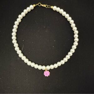 Glass Pearl Necklace with Pink Flower Charm